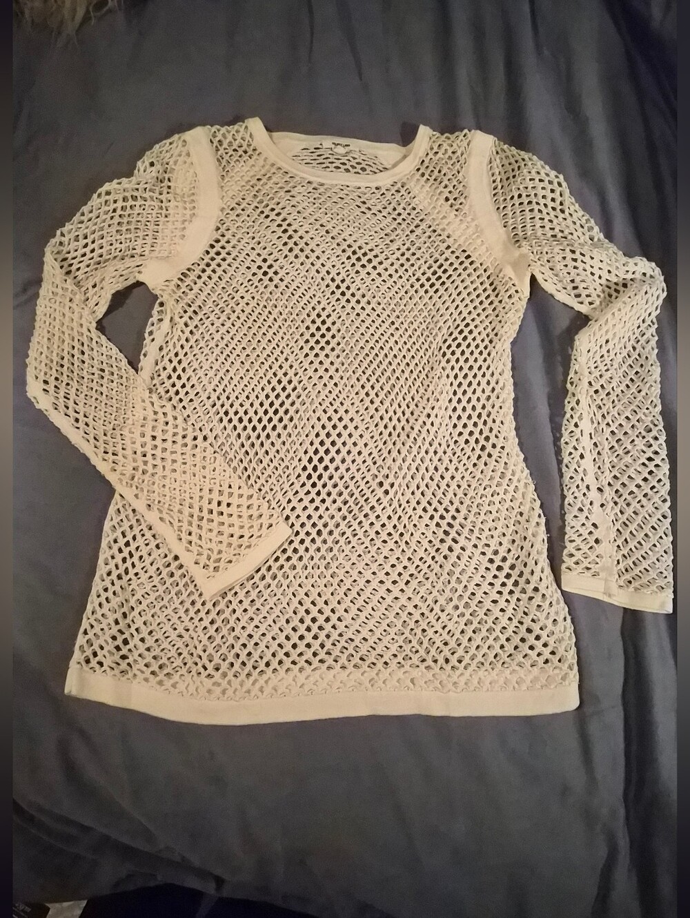 Helmut Lang Winter White Open-Weave Long Sleeve Mesh Sweater Top Sz M